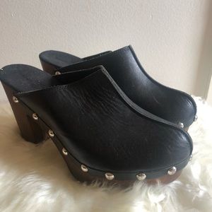 Black Leather Studded Platform Clogs